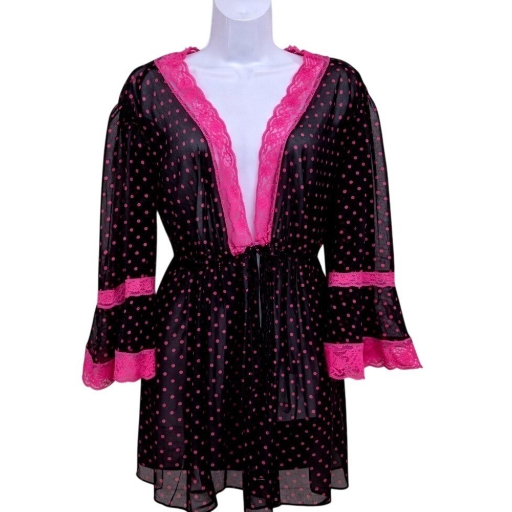 Lunaire Sheer Polka Dot Robe Lace Trim Pink Black Boudoir 2X Coquette Loungewear